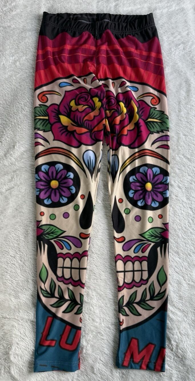 Rage On! Girl's Sugar Skull Day Of The Dead Stretch Leggings Pants Size Medium